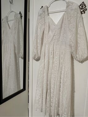 SHEIN White Floral Lace Midi Dress with Puff Sleeves